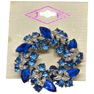 JP Blue Crystal Rhinestone Wreath Brooch Pin Silver Tone Floral Design
